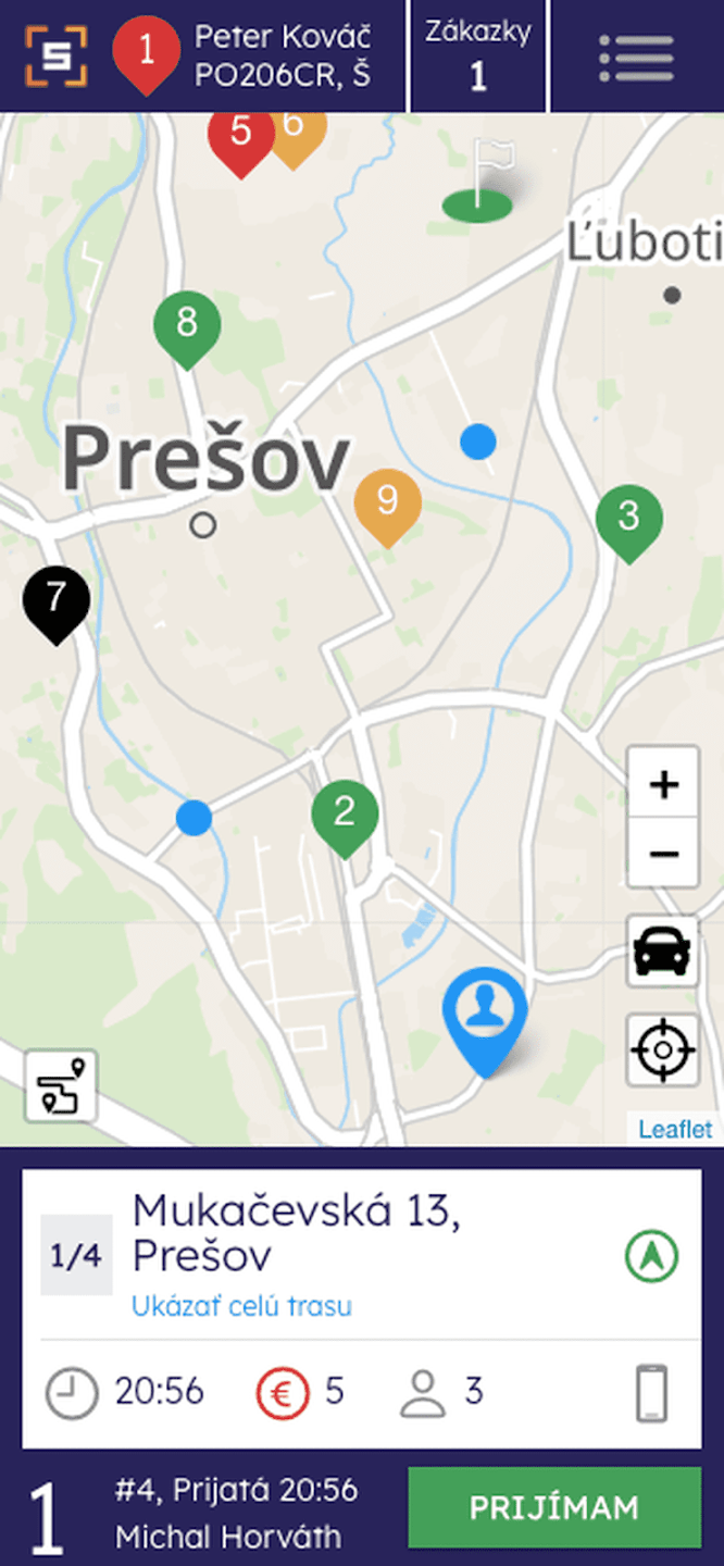 Aplikácia Senset Driver: mapa zákaziek a detail objednávky